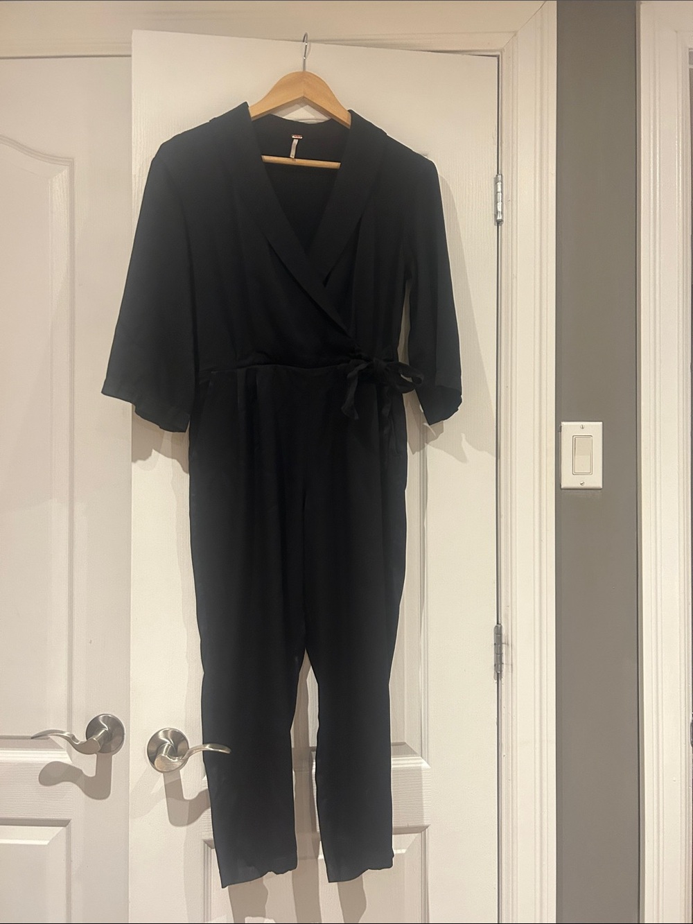 Free People Black SatinWrap Jumpsuit with Self-Tie Waist